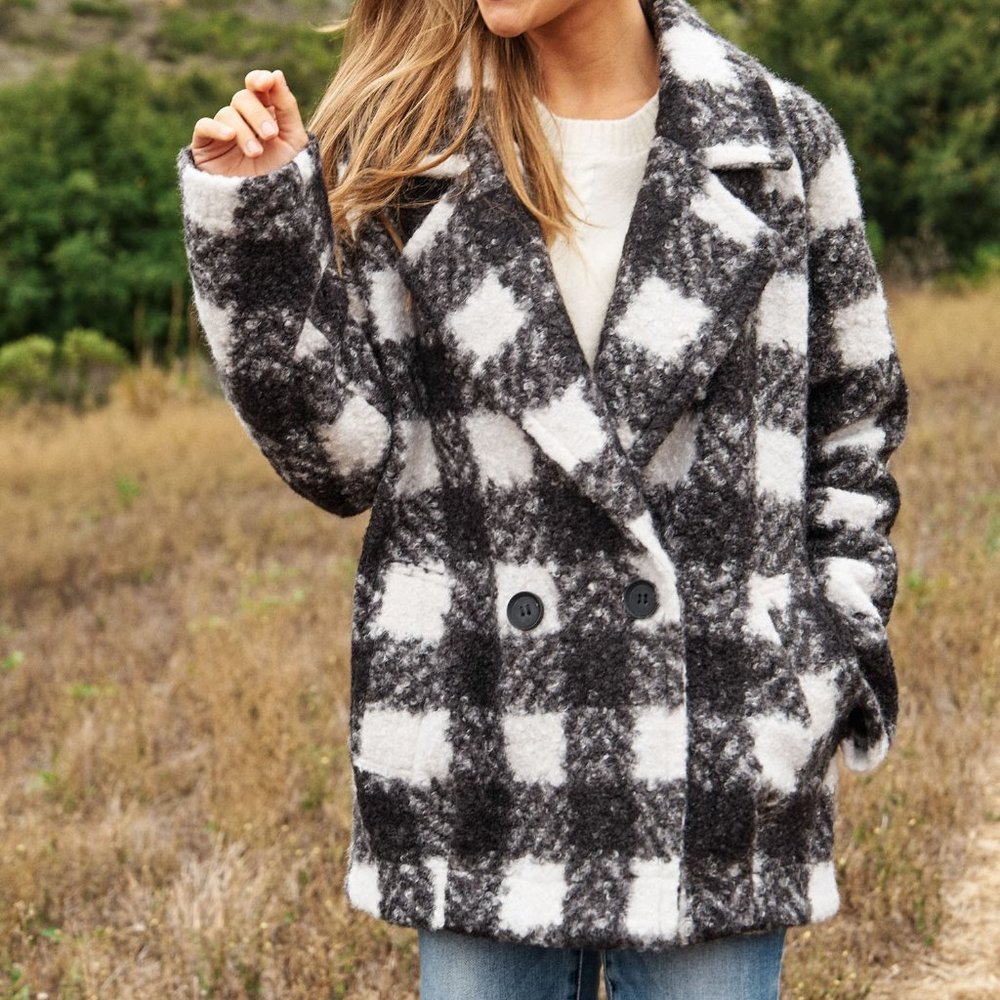 new DAVI N DANI BOUCLE blazer jacket black white SM-3X plaid western Boho CHIC